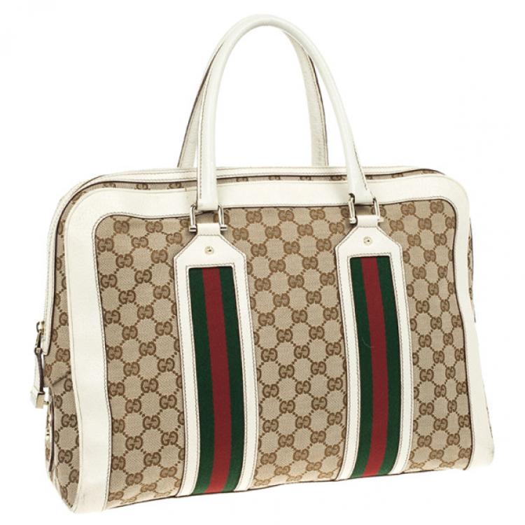 Pre Owned Gucci Monogram Canvas Web Detail Briefcase