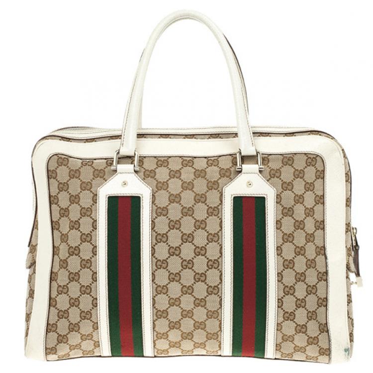 Pre Owned Gucci Monogram Canvas Web Detail Briefcase