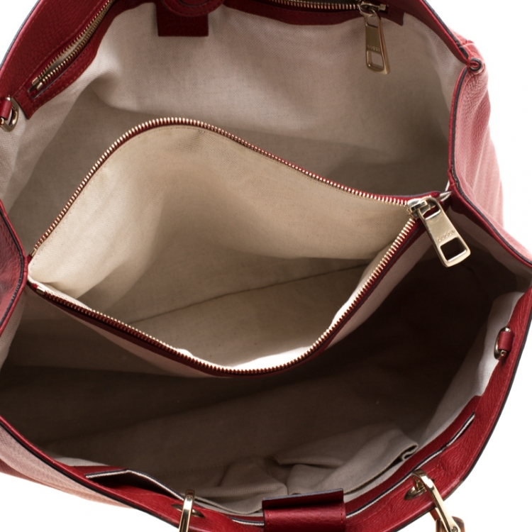 Pre Owned Gucci Red Leather Large Bamboo Handle Shopper Tote  