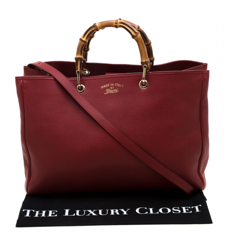 Pre Owned Gucci Red Leather Large Bamboo Handle Shopper Tote  