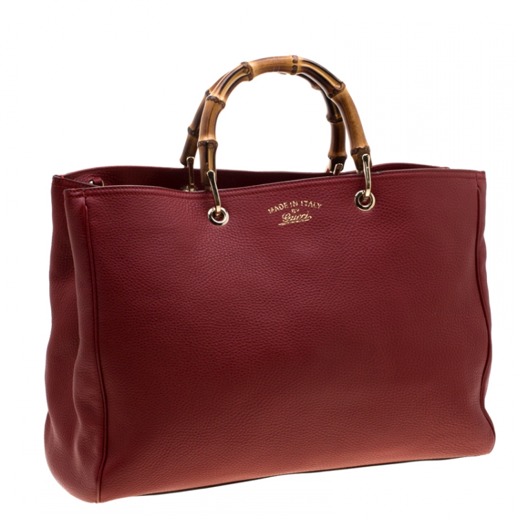 Pre Owned Gucci Red Leather Large Bamboo Handle Shopper Tote  