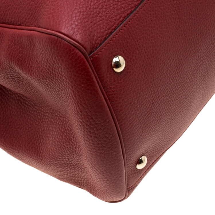 Pre Owned Gucci Red Leather Large Bamboo Handle Shopper Tote  