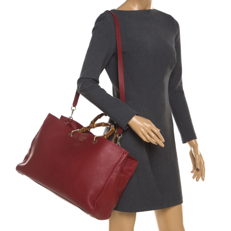 Pre Owned Gucci Red Leather Large Bamboo Handle Shopper Tote  