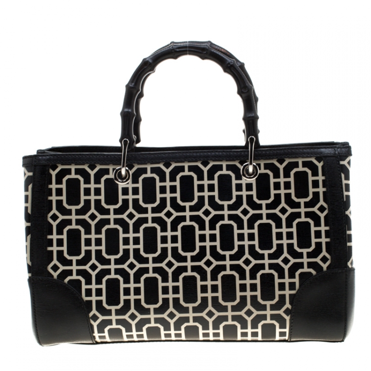 Pre Owned Gucci Black/White Leather Bamboo Top Handle Shopper Tote  