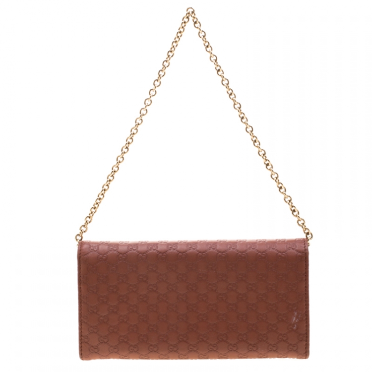 Pre Owned Gucci Pink Cinnamon Microguccissima Leather Wallet On Chain