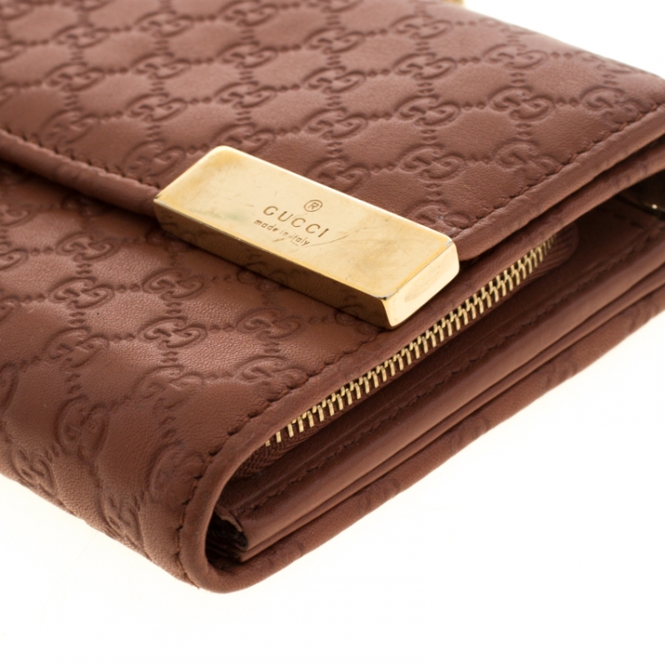 Pre Owned Gucci Pink Cinnamon Microguccissima Leather Wallet On Chain