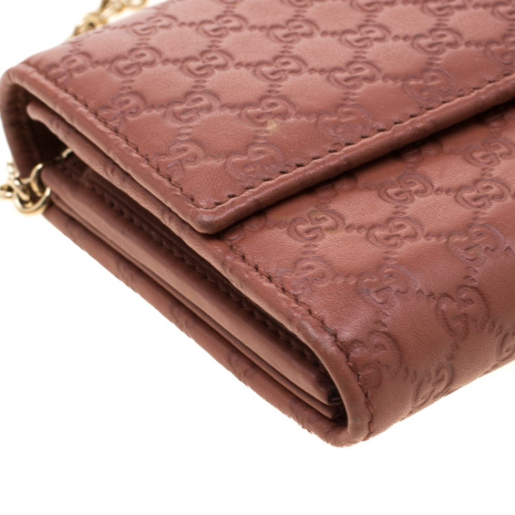 Pre Owned Gucci Pink Cinnamon Microguccissima Leather Wallet On Chain