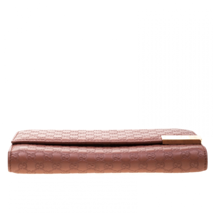 Pre Owned Gucci Pink Cinnamon Microguccissima Leather Wallet On Chain