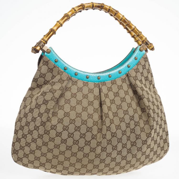 Gucci Turquoise Bamboo Studded Leather Tote Bag