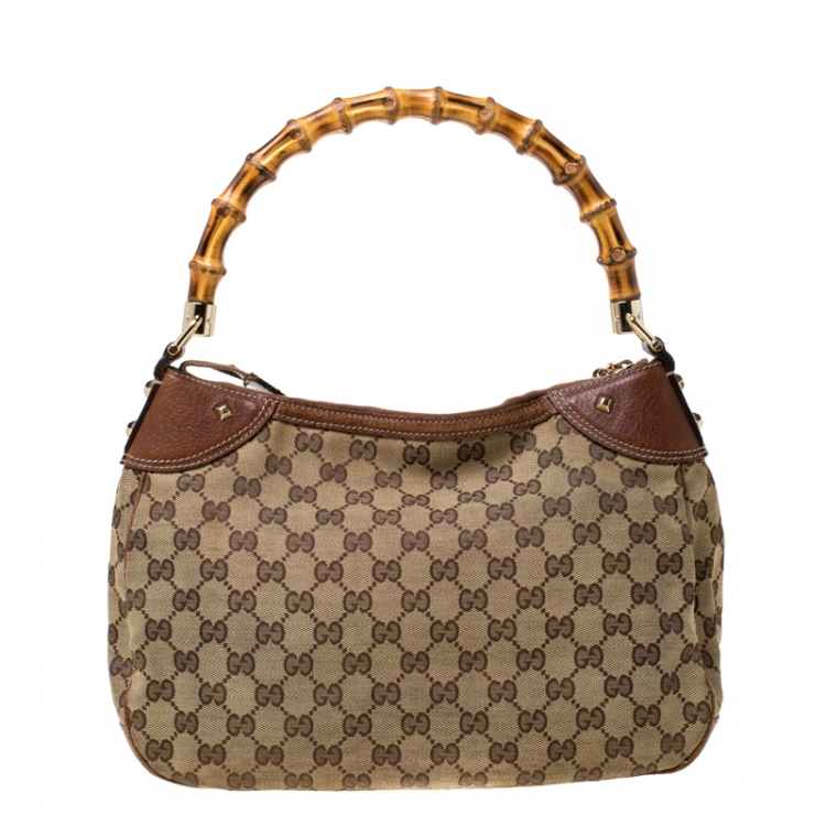 مملوكة مسبقًا Gucci Beige/Brown Canvas and Leather Bamboo Handle Top Handle Bag