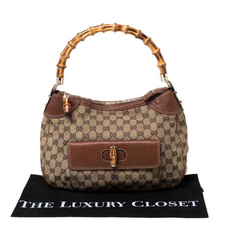 مملوكة مسبقًا Gucci Beige/Brown Canvas and Leather Bamboo Handle Top Handle Bag