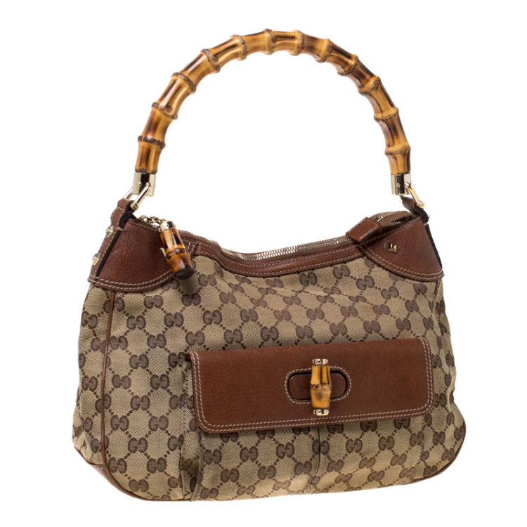 مملوكة مسبقًا Gucci Beige/Brown Canvas and Leather Bamboo Handle Top Handle Bag