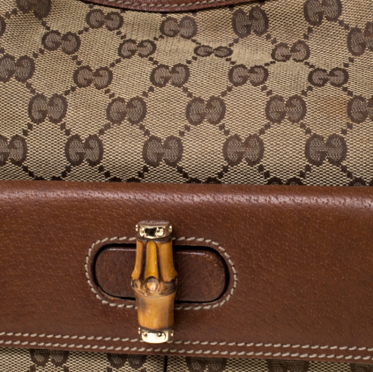 مملوكة مسبقًا Gucci Beige/Brown Canvas and Leather Bamboo Handle Top Handle Bag