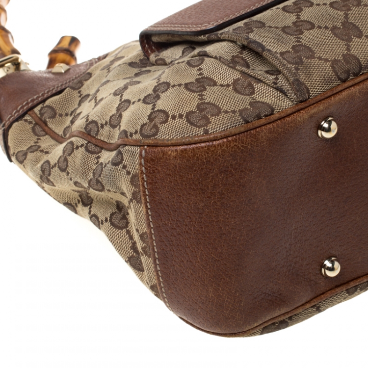 مملوكة مسبقًا Gucci Beige/Brown Canvas and Leather Bamboo Handle Top Handle Bag