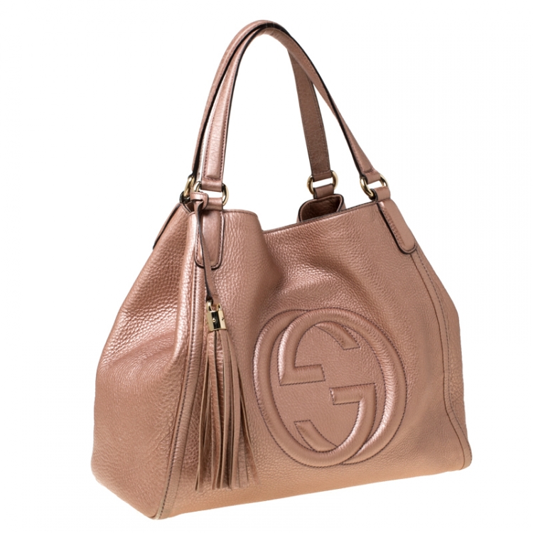 Pre Owned Gucci Metallic Pink Leather Small Soho Tote