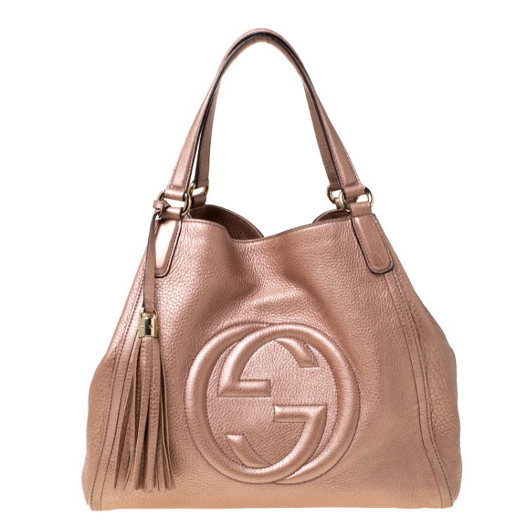 Pre Owned Gucci Metallic Pink Leather Small Soho Tote