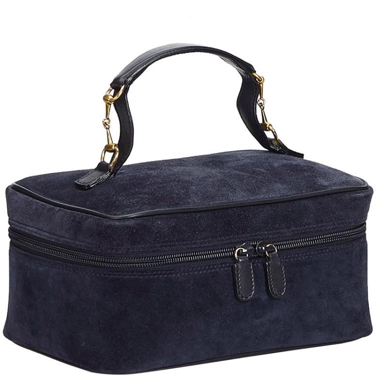 Pre Owned Gucci Black Blue Horsebit Suede Vanity Bag