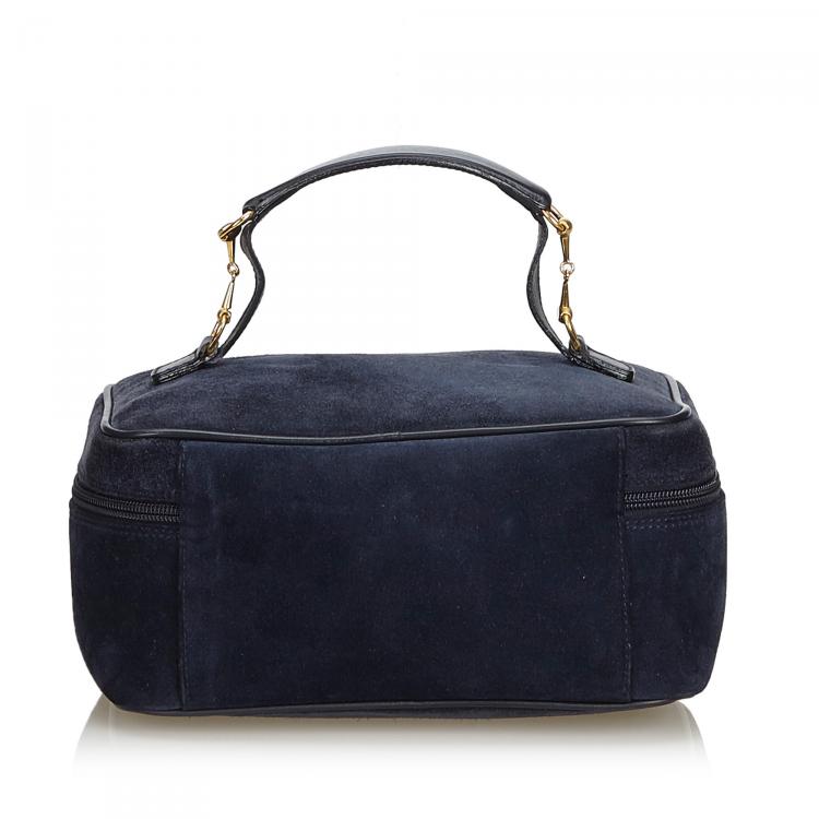 Pre Owned Gucci Black Blue Horsebit Suede Vanity Bag