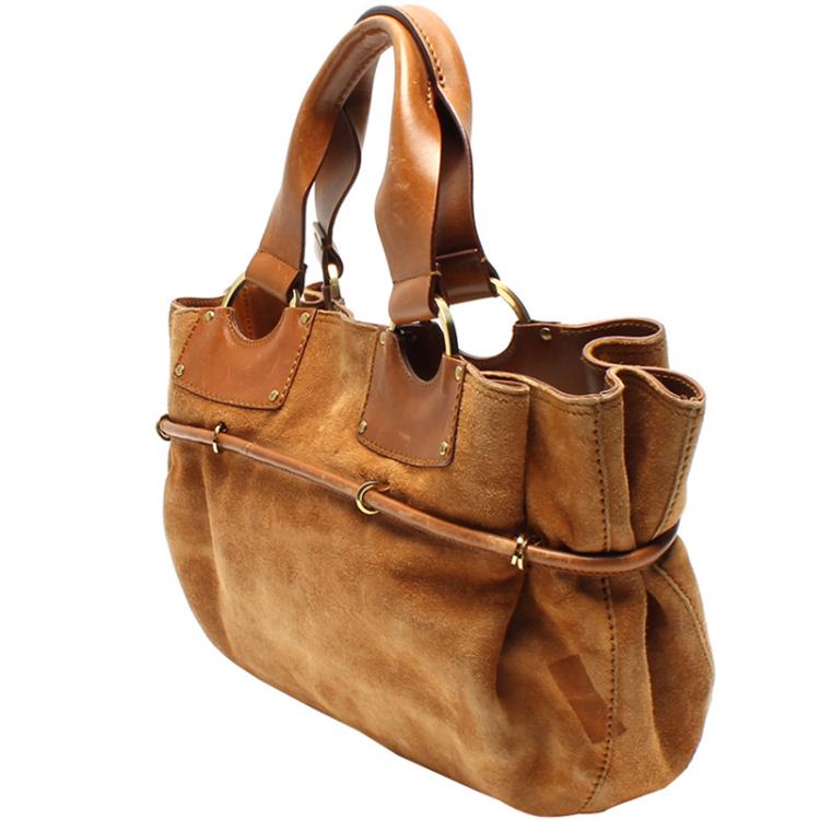 Pre Owned Gucci Beige Suede Top Handle Bag