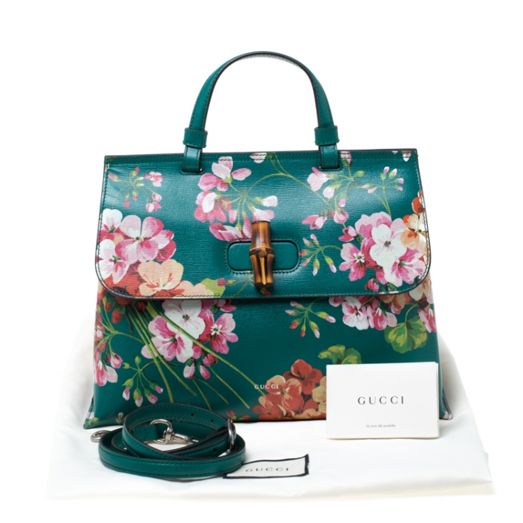 Pre Owned Gucci Green Blossoms Print Leather Bamboo Daily Top Handle Bag