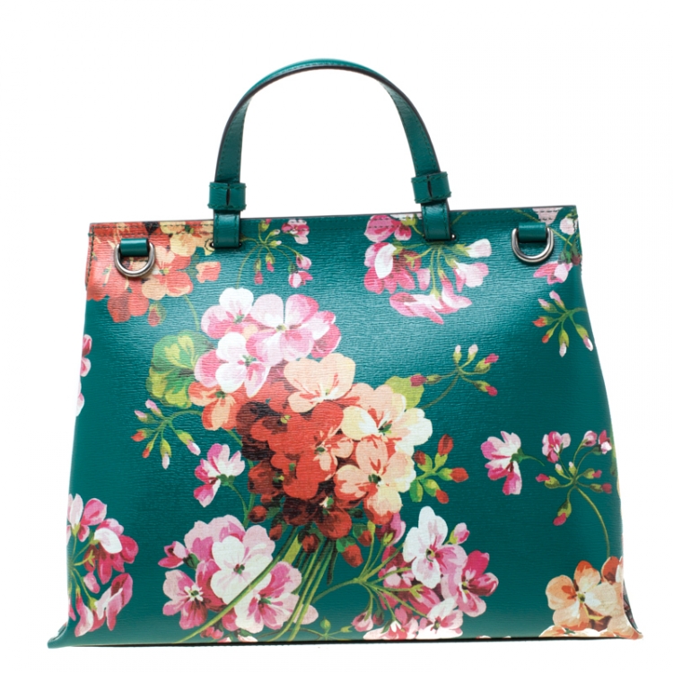 Pre Owned Gucci Green Blossoms Print Leather Bamboo Daily Top Handle Bag