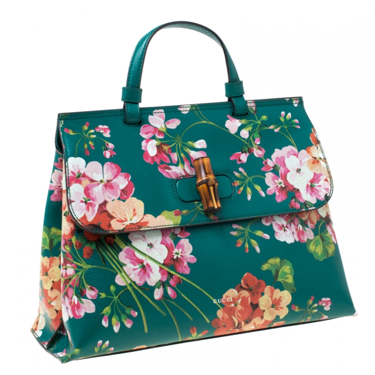Pre Owned Gucci Green Blossoms Print Leather Bamboo Daily Top Handle Bag