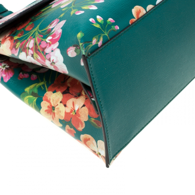 Pre Owned Gucci Green Blossoms Print Leather Bamboo Daily Top Handle Bag