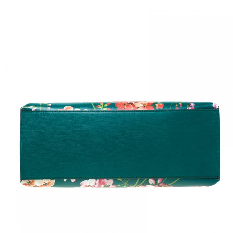 Pre Owned Gucci Green Blossoms Print Leather Bamboo Daily Top Handle Bag