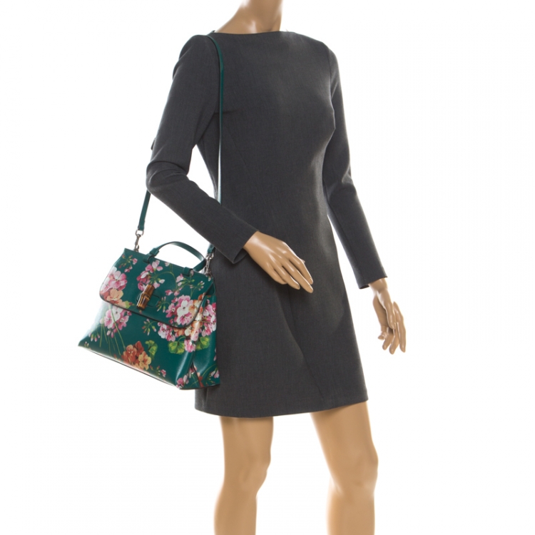 Pre Owned Gucci Green Blossoms Print Leather Bamboo Daily Top Handle Bag
