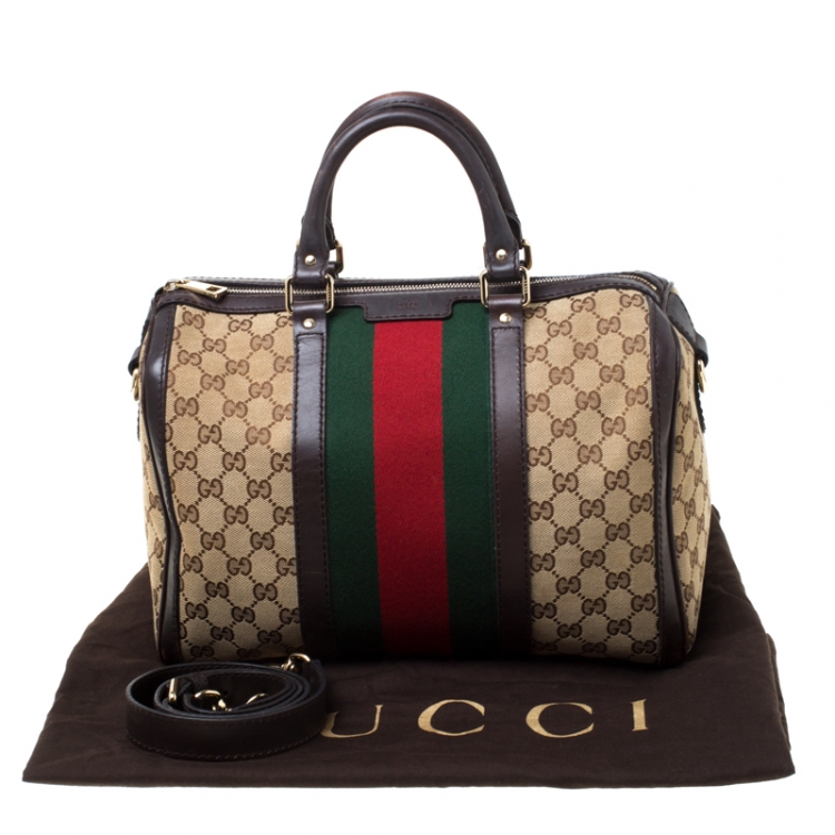 Pre Owned Gucci Brown/Beige GG Canvas Medium Vintage Web Boston Bag