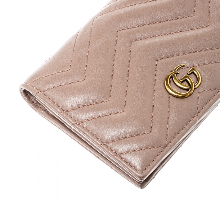 Pre Owned Gucci Dark Beige Matelasse Leather GG Marmont Card Case