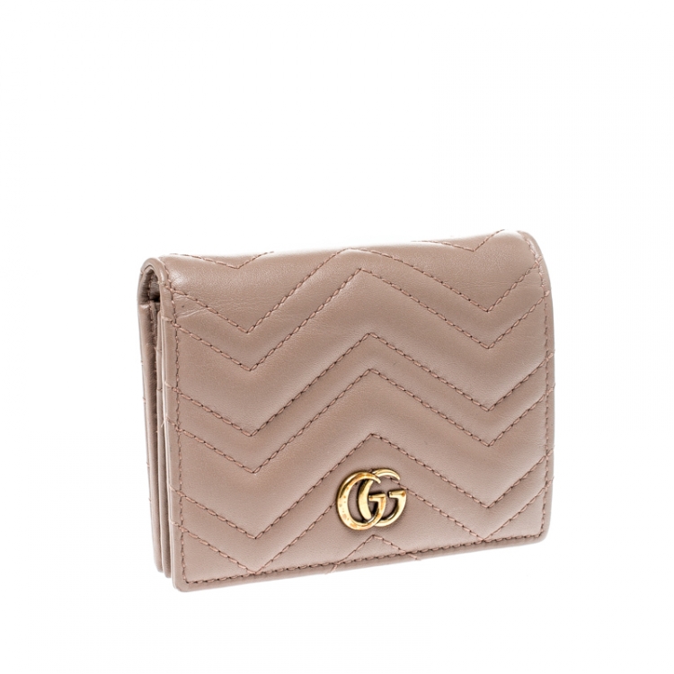 Pre Owned Gucci Dark Beige Matelasse Leather GG Marmont Card Case