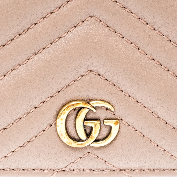 Pre Owned Gucci Dark Beige Matelasse Leather GG Marmont Card Case