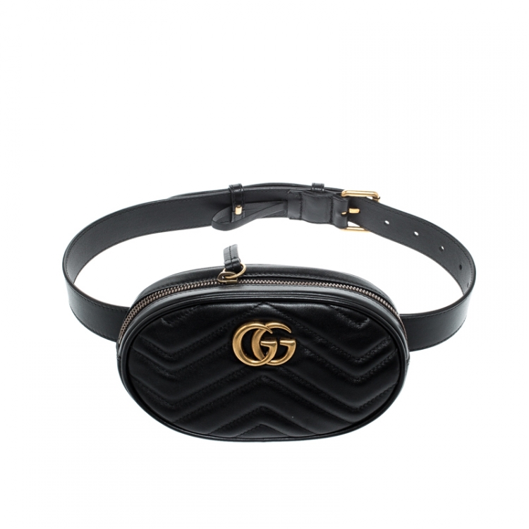 Pre Owned Gucci Black Matelassé Leather GG Marmont Belt Bag
