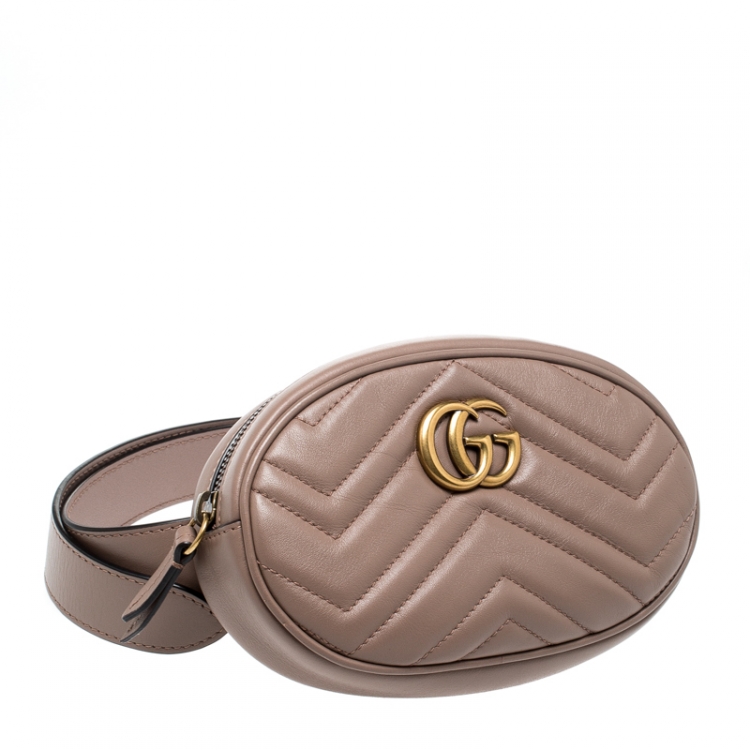 Pre Owned Gucci Old Rose Leather Marmont GG Matelasse Belt Bag  