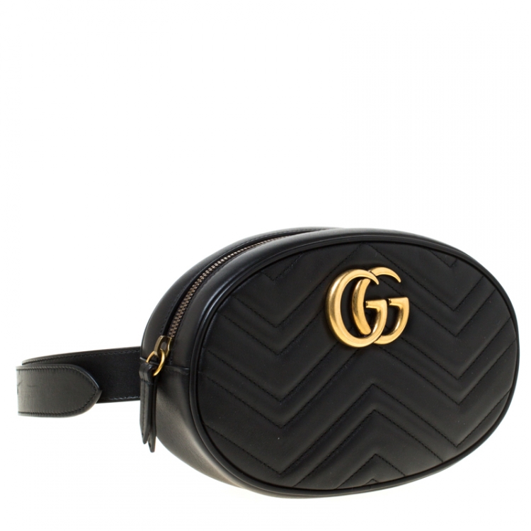 Pre Owned Gucci Black Leather GG Marmont Matelasse Belt Bag