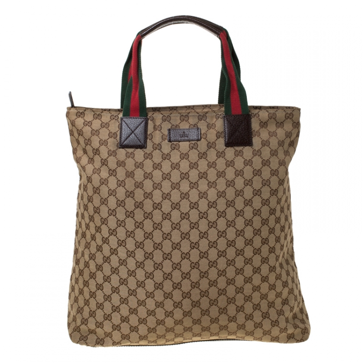 Pre Owned Gucci Beige/Brown GG Canvas and Leather Shopper Tote