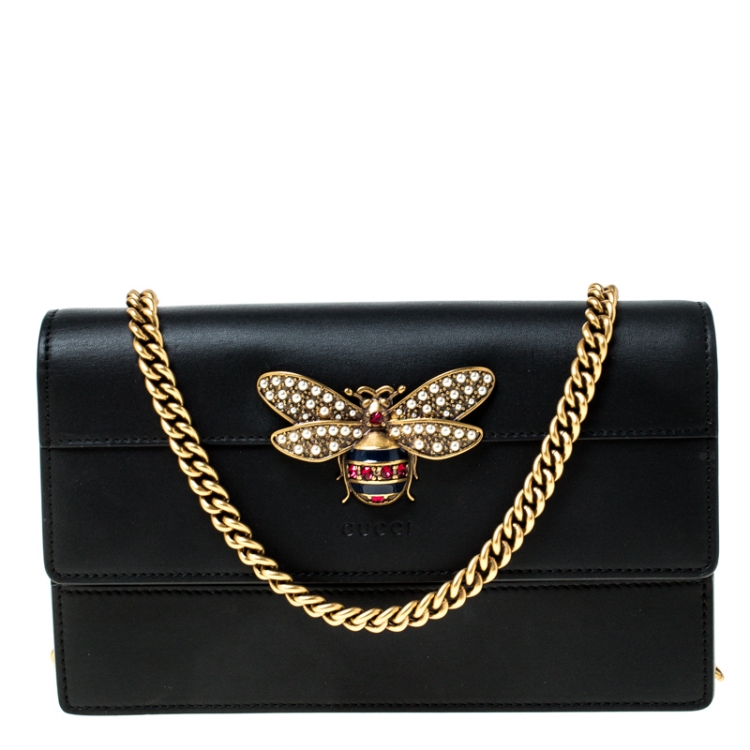 Gucci Broadway Pearl Studded Bee Black Leather Shoulder Bag 453778 – Queen  Bee of Beverly Hills