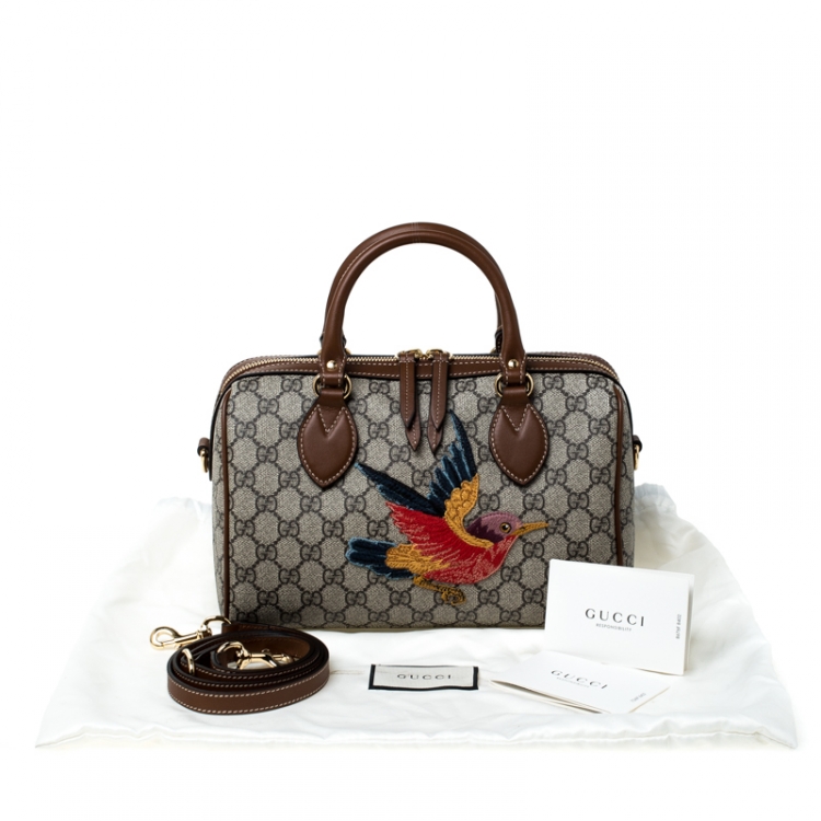Pre Owned Gucci Beige/Brown GG Supreme Canvas Limited Edition Bird Boston Bag