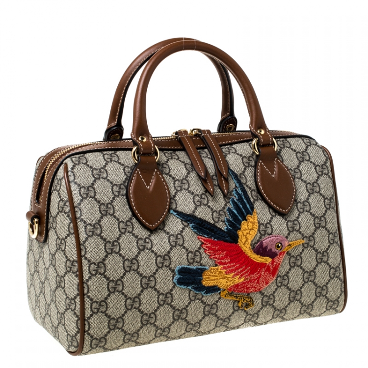 Pre Owned Gucci Beige/Brown GG Supreme Canvas Limited Edition Bird Boston Bag