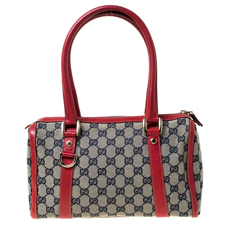 Pre Owned Gucci Beige/Red GG Canvas and Leather D-Ring Boston Bag