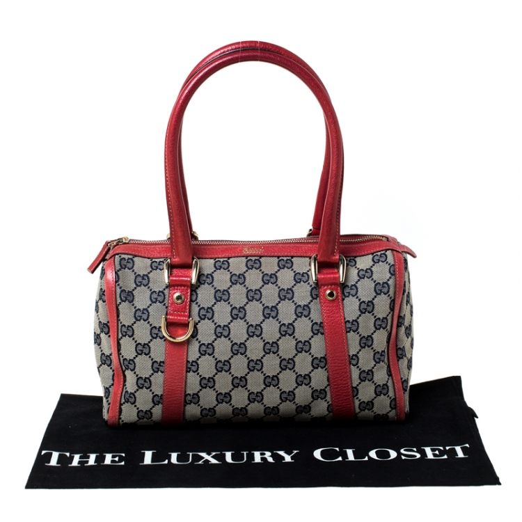 Pre Owned Gucci Beige/Red GG Canvas and Leather D-Ring Boston Bag