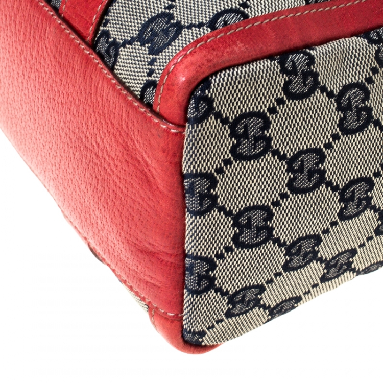 Pre Owned Gucci Beige/Red GG Canvas and Leather D-Ring Boston Bag