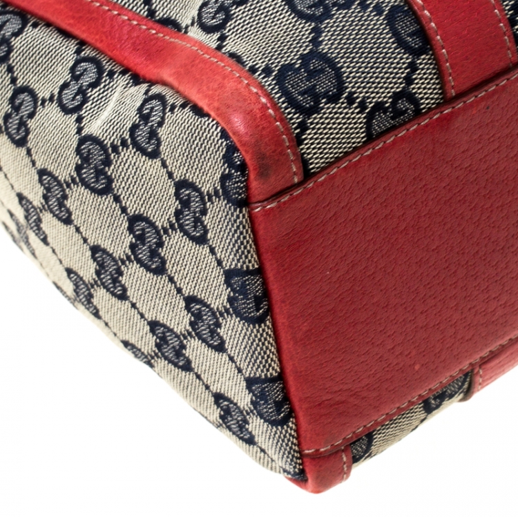 Pre Owned Gucci Beige/Red GG Canvas and Leather D-Ring Boston Bag