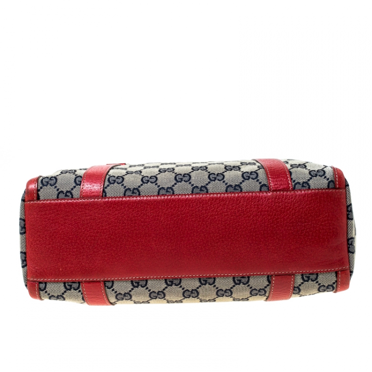 Pre Owned Gucci Beige/Red GG Canvas and Leather D-Ring Boston Bag