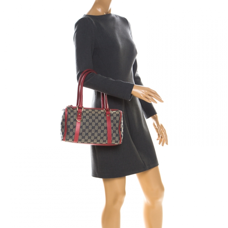 Pre Owned Gucci Beige/Red GG Canvas and Leather D-Ring Boston Bag