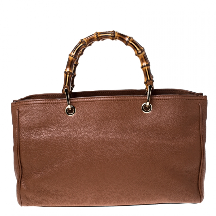 Pre Owned Gucci Tan Leather Medium Bamboo Shopper Tote