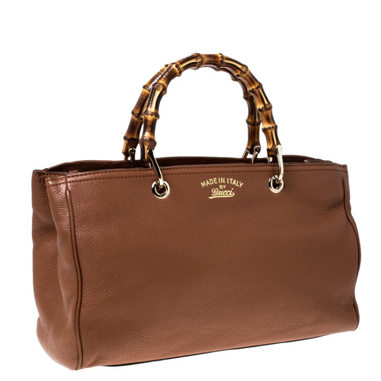 Pre Owned Gucci Tan Leather Medium Bamboo Shopper Tote