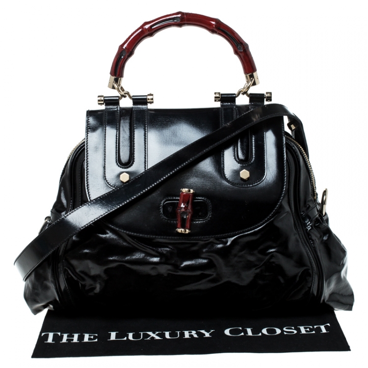 Pre Owned Gucci Black Coated Nylon and Leather Dialux Pop Bamboo Top Handle Bag