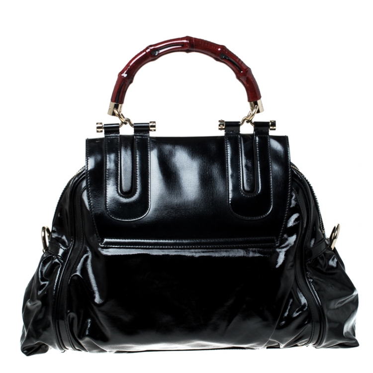 Pre Owned Gucci Black Coated Nylon and Leather Dialux Pop Bamboo Top Handle Bag